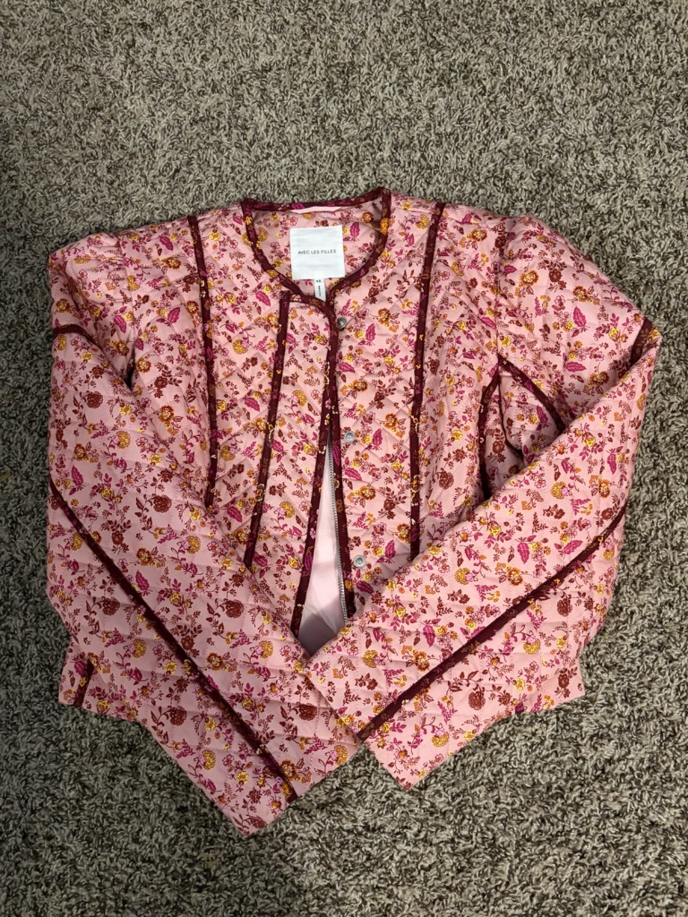 Avec Les Filles Pink Floral Quilted Blazer with Contrast Trim